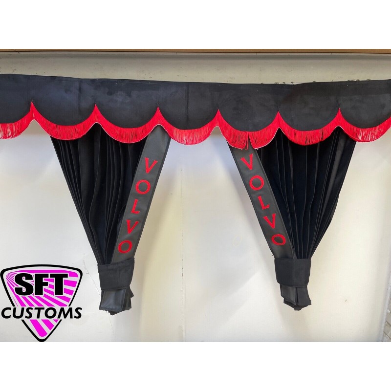 Dutch style curtains Black with Red Strip and Embroidery