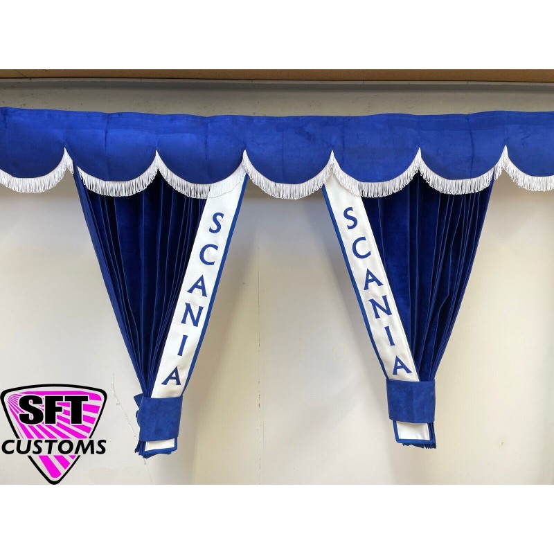 Dutch style curtains Blue with White Strip and Embroidery