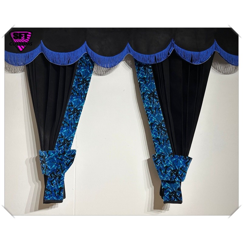 DUTCH STYLE TRUCK CURTAINS BLACK BLUE DANISH PLUSH